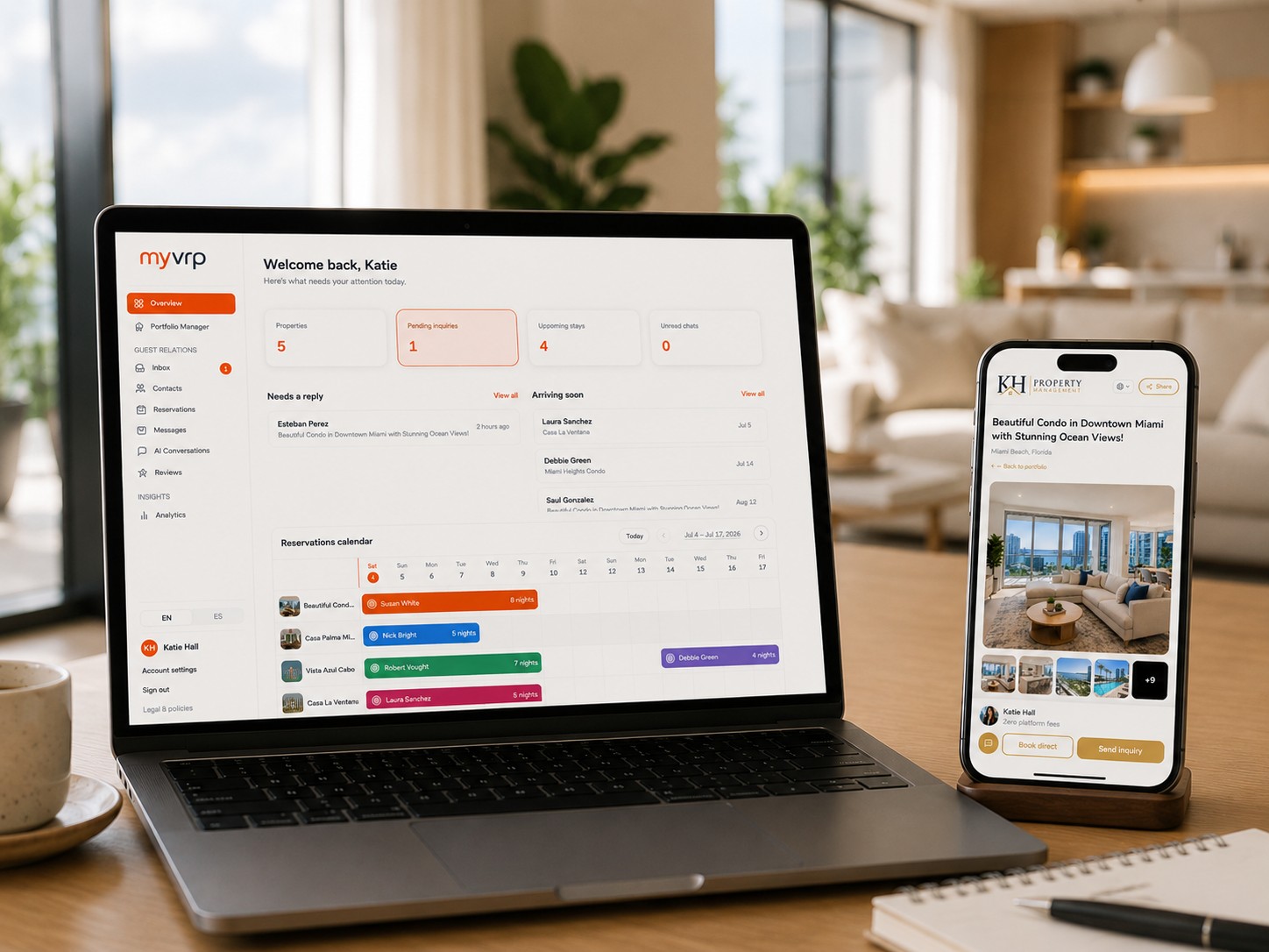 MyVRP dashboard on laptop and phone showing reservations, inquiries, and the guest-facing property page