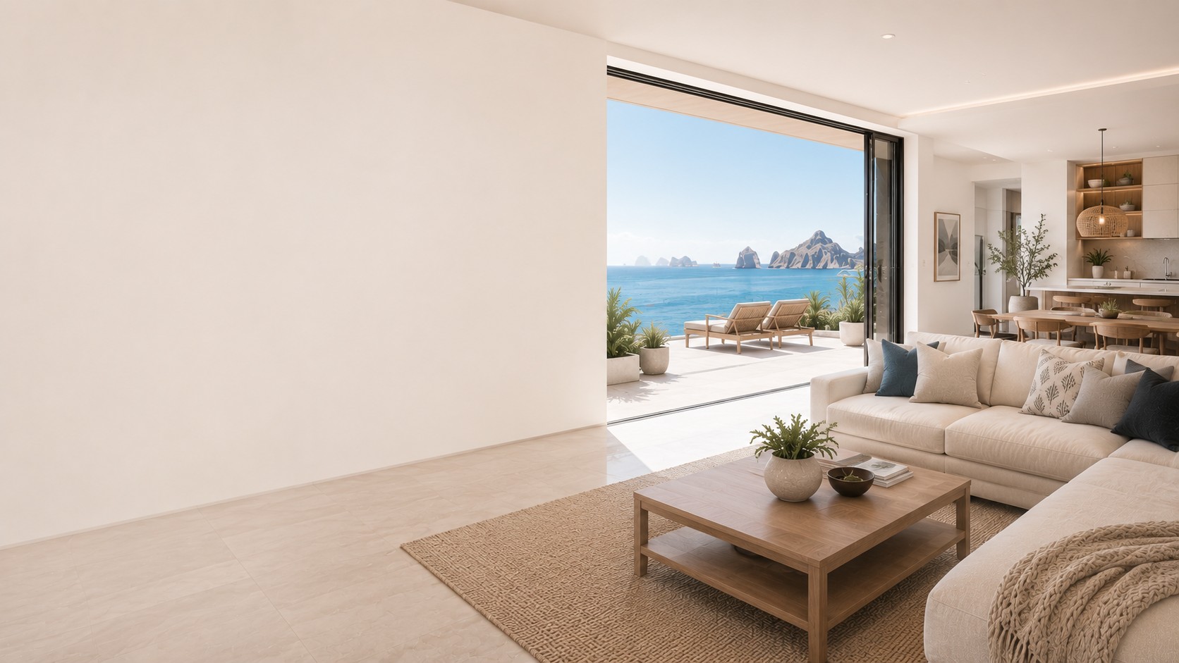 Bright, airy living room opening onto an ocean-view terrace